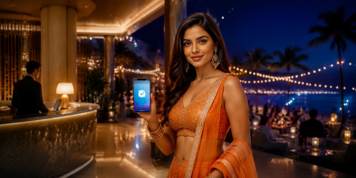 Mobile payment usage at beach in India with festive vibe